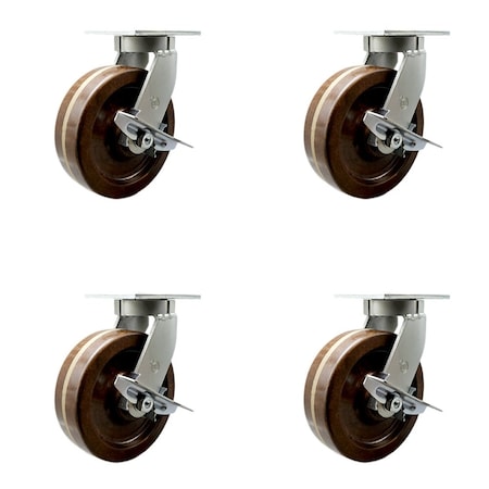 Service Caster 10'' Heavy Duty High Temp Phenolic Swivel Caster Set with Brakes , 4PK CRAN-SCC-KP92S1030-PHRHT-SLB-4